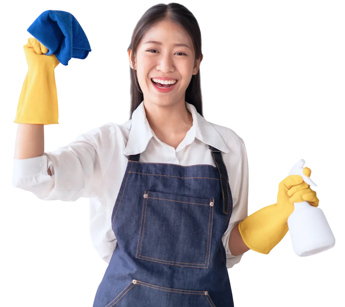 Housewife In Apron Wearing Gloves To Holding Hygclean
