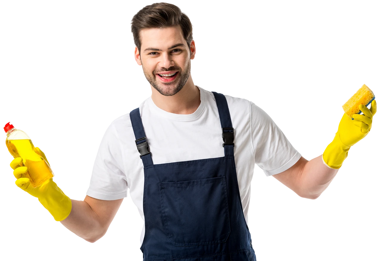 Portrait Of Cheerful Cleaner In Rubber Gloves